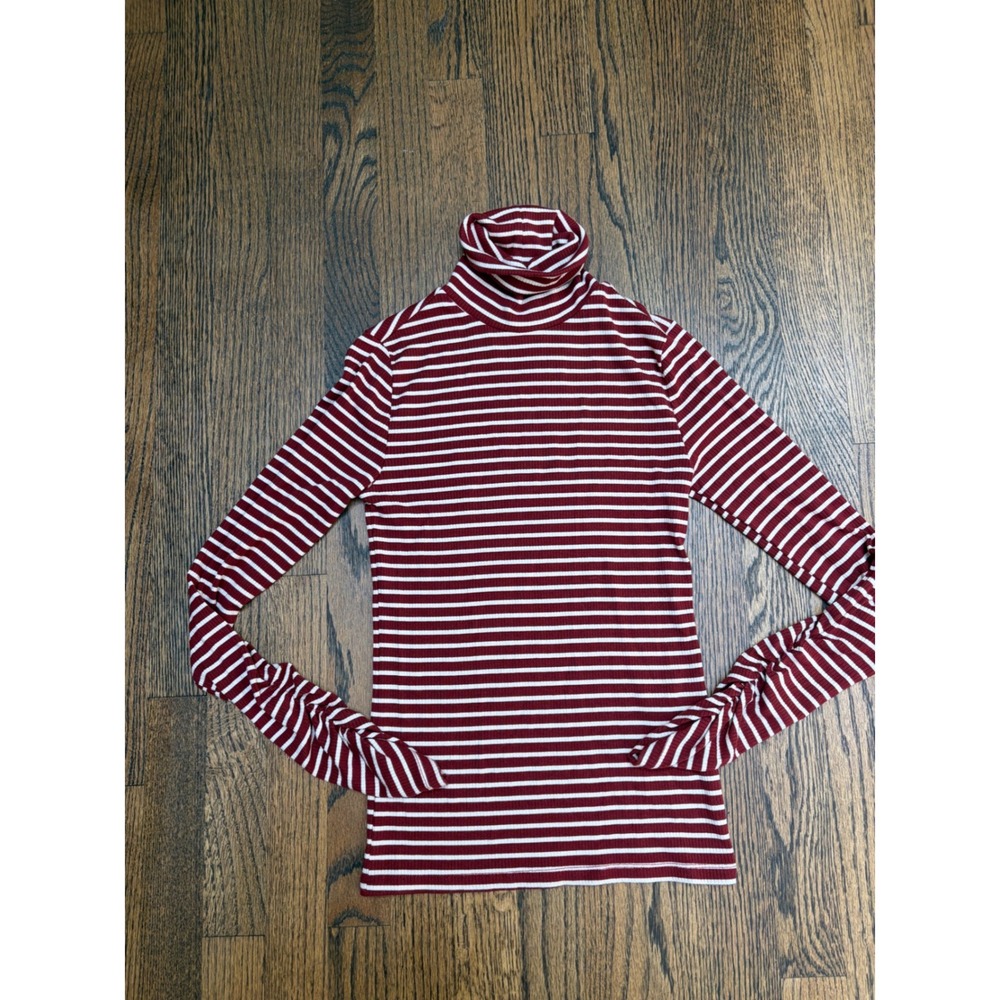 Levi's Turtleneck Top XS Burgundy Cream Striped Ribbed Knit Americana Classic